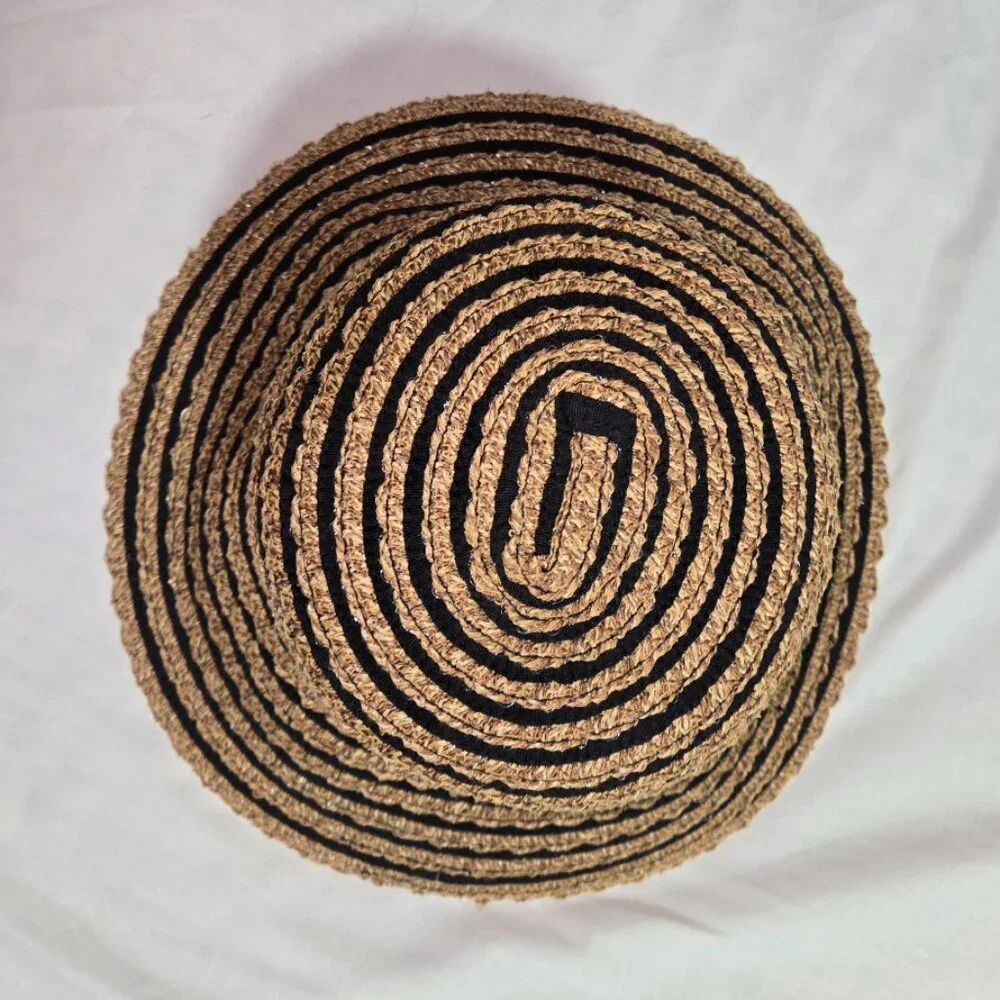 Eric Javits New York Packable Straw Bucket Sun Hat Tan Black Stripe UPF - Picture 3 of 14